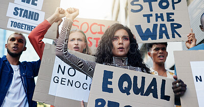 Buy stock photo Protest, people and fist with poster outdoor to stop war, equal rights rally and social justice with community. Group, solidarity and cardboard in city for demonstration, freedom and change movement
