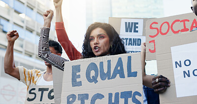 Buy stock photo Solidarity, woman and crowd protest with poster for equal rights, government change and social justice with unity. Group, shouting and fist with cardboard in city for inequality movement and freedom