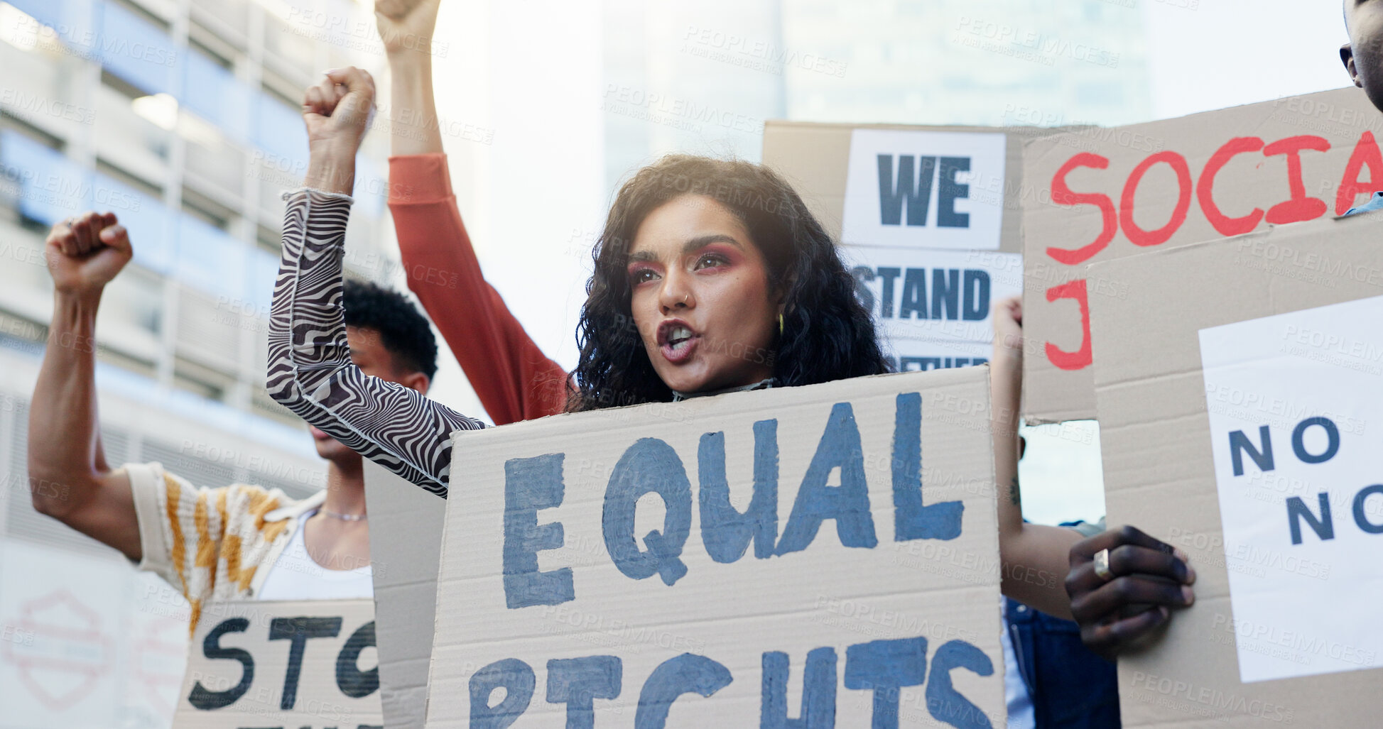 Buy stock photo Solidarity, woman and crowd protest with poster for equal rights, government change and social justice with unity. Group, shouting and fist with cardboard in city for inequality movement and freedom