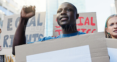 Buy stock photo Crowd, people and fist for protest in city for justice, government change and fighting for human rights. Man, poster and community support of equality, society rally and stop corruption of propaganda