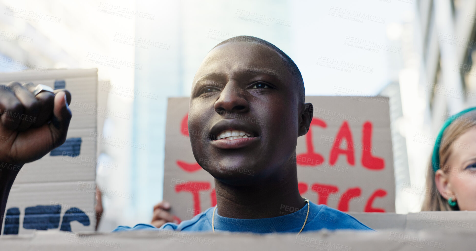 Buy stock photo Protest, man and group with shouting outdoor for equal rights, government change or social justice with solidarity. Crowd, movement or fist with poster demonstration for support, community or freedom