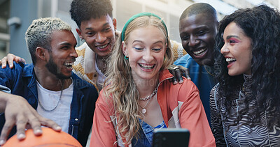 Buy stock photo Friends, people and happy with selfie in city for social media, bonding memory or profile picture update. Diversity, group or photography in streetwear fashion with laughing, support or internet post