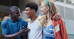 Hug, fashion and friends in city, people and bonding together with happiness, diversity and stylish clothes. Outdoor, embrace and group with joke walking and funny with trendy outfit, gen z or smile