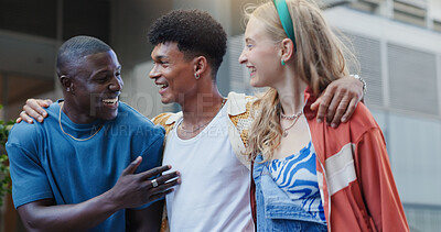 Buy stock photo Hug, fashion and friends in city, people and bonding together with happiness, diversity and stylish clothes. Outdoor, embrace and group with joke walking and funny with trendy outfit, gen z or smile
