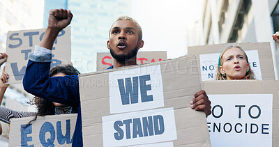 Buy stock photo Solidarity, people and crowd protest with poster for equal rights, government change and stop genocide with rally. Group, shouting and fist with cardboard in city for inequality movement and justice