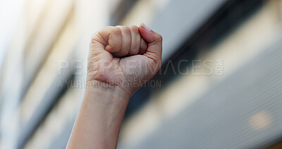 Buy stock photo Hands, person and fist for protest outdoor for justice, government change and fighting for human rights. Closeup, protester and hand gesture for equality, rally vote and stop corruption of propaganda