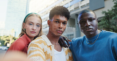 Buy stock photo Gen z friends, selfie and portrait in city with diversity, fashion and outdoor on urban sidewalk. People, men and woman with photography, profile picture and group together on social network in road