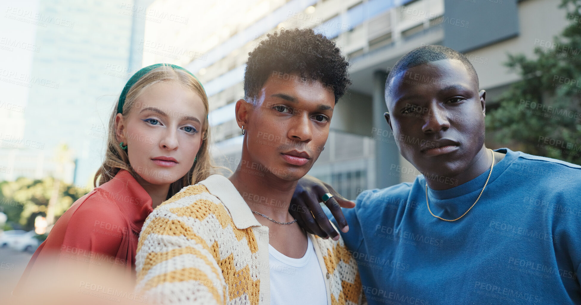 Buy stock photo Gen z friends, selfie and portrait in city with diversity, fashion and outdoor on urban sidewalk. People, men and woman with photography, profile picture and group together on social network in road