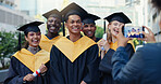 Happy people, students and graduation with camera for picture, memory or scholarship together in city. Group, friends or graduates with smile for academic qualification, photography or capture moment