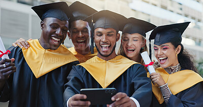 Buy stock photo Selfie, students and graduation with people, celebration and university with success, scholarship and certificate. Outdoor, group and happy friends with achievement, diversity and profile picture