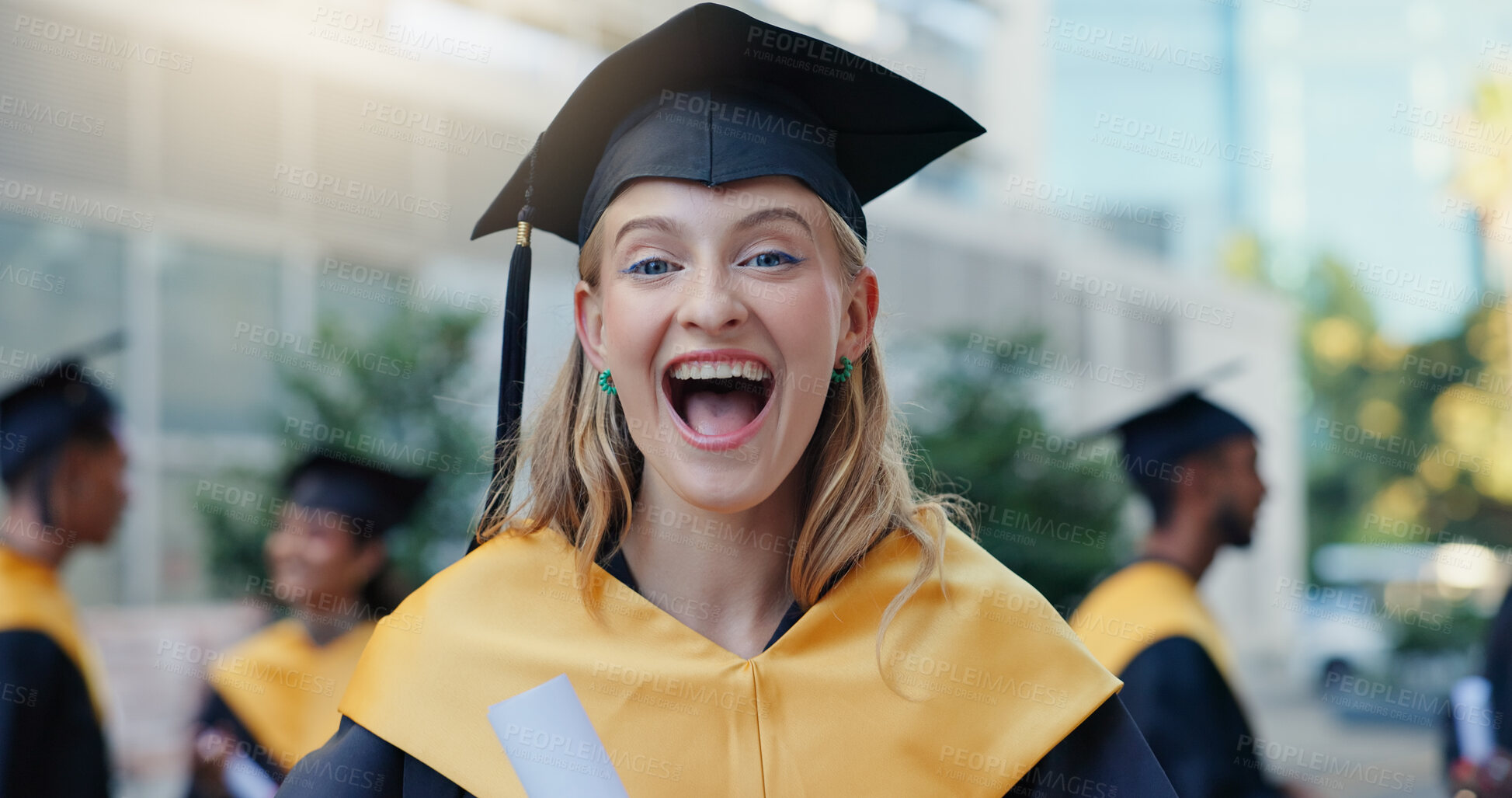 Buy stock photo Woman, student and graduation with diploma in city, education and pride for achievement at college campus. Girl, excited and certificate for learning, scholarship or outdoor in portrait at university