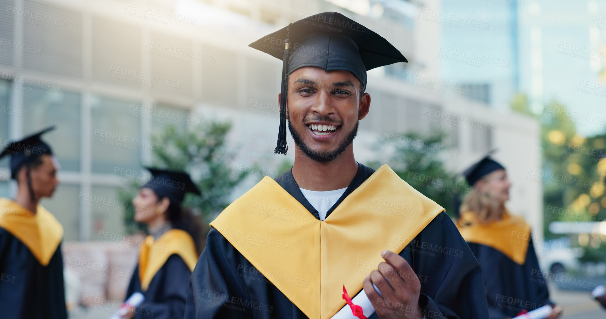 Buy stock photo Man, student and graduation with diploma with smile, education or pride for achievement at college campus. Person, excited and certificate for learning, portrait and success for goals at university