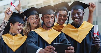 Buy stock photo Selfie, students and graduation with people, achievement and university with success, scholarship and certificate. Outdoor, group and happy friends with celebration, diversity and profile picture