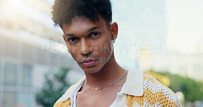Buy stock photo Portrait, student and man for fashion in city with confidence, streetwear and edgy of trendy style. Male person, pride and gen z in town of urban culture, unique clothes and outdoor with cool swag