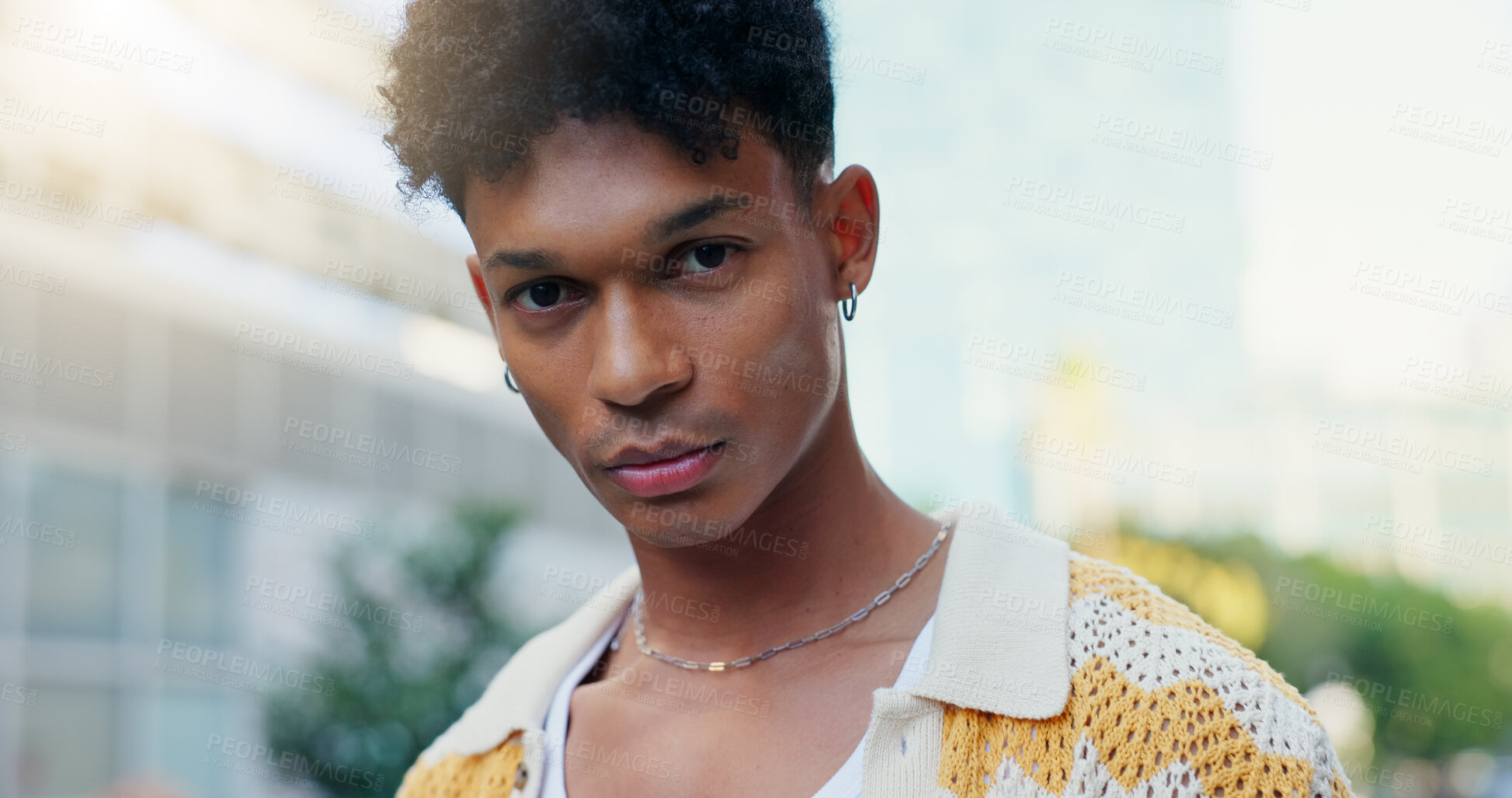 Buy stock photo Portrait, student and man for fashion in city with confidence, streetwear and edgy of trendy style. Male person, pride and gen z in town of urban culture, unique clothes and outdoor with cool swag