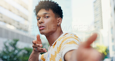 Buy stock photo Hand, frame and portrait of man in city with confidence for style, trendy or outfit. Creative, perspective and selfie of person in urban town for fashion, gen z aesthetic and picture for photography