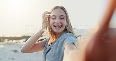 Buy stock photo Beach, selfie and woman with vacation, excited and travel with profile picture, influencer and ocean. Portrait, person and seaside with traveller, social media and live streaming with summer holiday