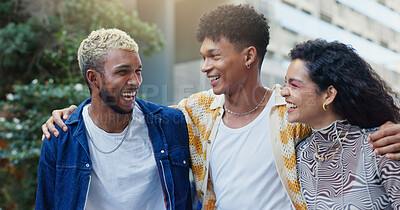 Buy stock photo Hug, fashion and group in city, people and bonding together with happiness, reunion and stylish clothes. Outdoor, embrace and friends in street, walking and funny with trendy outfit, gen z and laugh