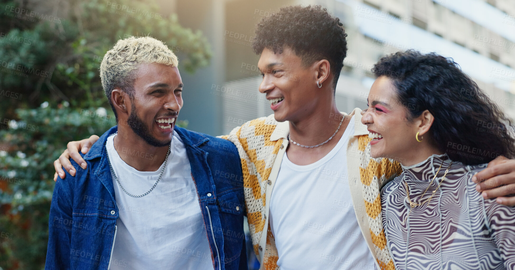 Buy stock photo Hug, fashion and group in city, people and bonding together with happiness, reunion and stylish clothes. Outdoor, embrace and friends in street, walking and funny with trendy outfit, gen z and laugh