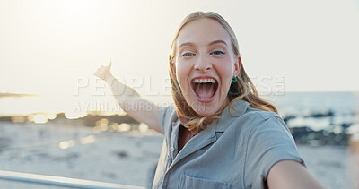 Buy stock photo Ocean, selfie and woman with smile, vacation or expression with profile picture, excited or tropical island. Portrait, person or beach with traveller, live streaming or influencer with summer holiday