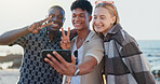 Friends, people and selfie with peace sign at beach for social media post, travel memory or profile picture update. Happy, group and photography on holiday adventure with bonding, support or vacation