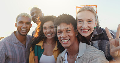 Buy stock photo Outdoor, selfie and people with smile, friends and diversity with happiness, bonding together and vacation. Portrait, group and profile picture with joy, weekend break and memory with summer holiday