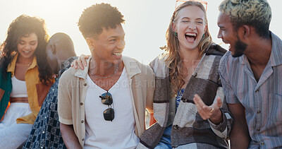 Buy stock photo Couple of friends, travel and laugh outdoor on holiday, vacation and relax with gen z students on gap year. People, happy group and conversation for tourism, talking and share funny story with joke