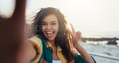 Buy stock photo Beach, selfie and woman with peace sign, vacation and travel with profile picture, social media and ocean. Portrait, person and seaside with live streaming, tropical island or influencer with holiday