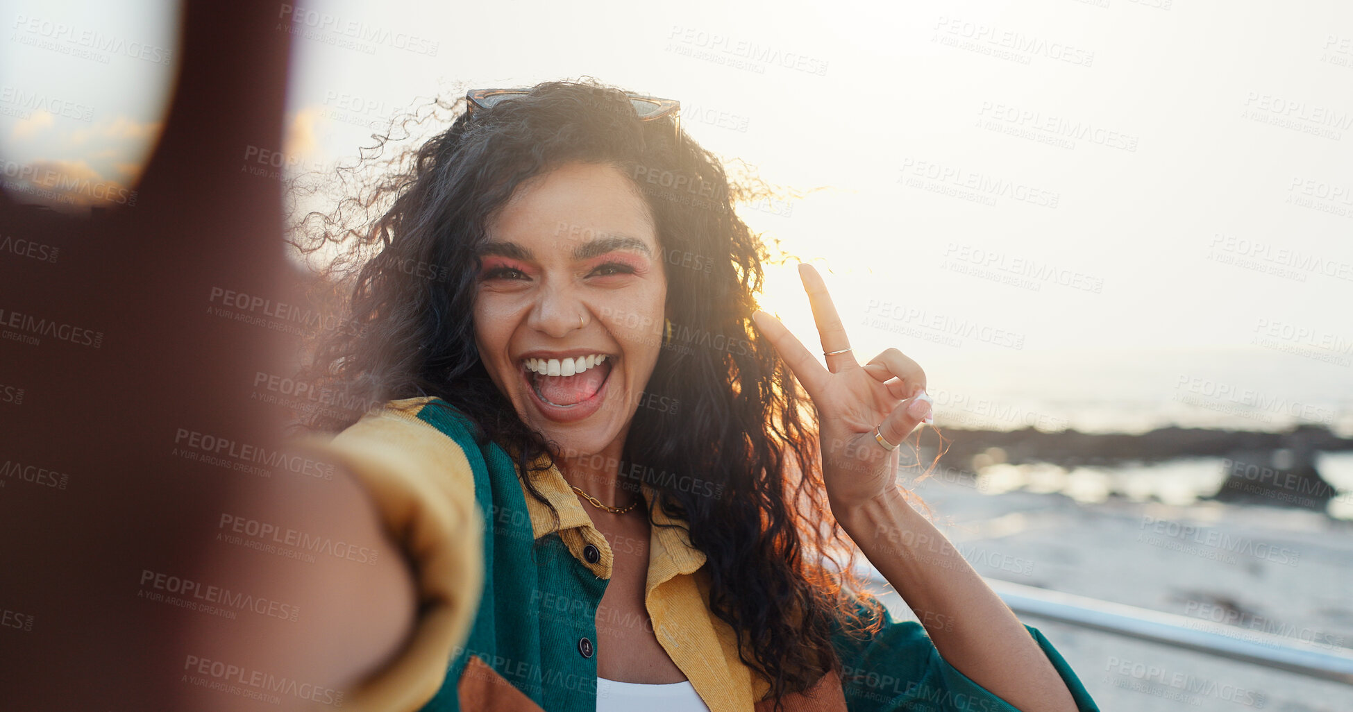 Buy stock photo Beach, selfie and woman with peace sign, vacation and travel with profile picture, social media and ocean. Portrait, person and seaside with live streaming, tropical island or influencer with holiday