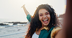 Seaside, selfie and woman with smile, vacation and travel with tropical island, excited and beach. Portrait, happy person or wow with social media, ocean and influencer with summer holiday or Miami