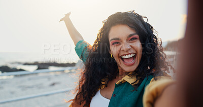 Buy stock photo Seaside, selfie and woman with smile, vacation and travel with tropical island, excited and beach. Portrait, happy person or wow with social media, ocean and influencer with summer holiday or Miami