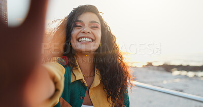 Buy stock photo Beach, selfie and woman with smile, holiday and travel with profile picture, journey and ocean. Portrait, person and seaside with social media, vacation or influencer with tropical island or Zanzibar