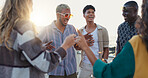 Happy people, friends and beach with social for outdoor party, celebration or new year on promenade. Group, community or smile with sparkler in sunset for holiday get together or weekend by ocean