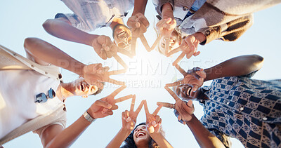 Buy stock photo Star hands, circle and group of people with community, collaboration or teamwork for volunteering. Gathering, peace and friends with fingers together for synergy, solidarity or bonding from low angle