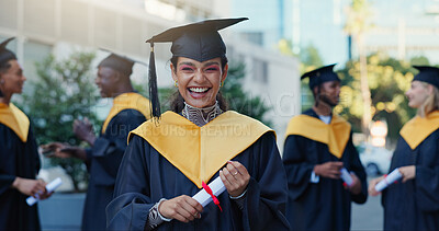 Buy stock photo Degree, woman and portrait of graduate in city for education goal, qualification or achievement. Happy, outdoor and university student with pride for college diploma with learning at campus in town.