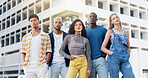 Fashion, portrait and student friends in city together for education, learning or scholarship. Attitude, college or university with happy men and women outdoor on campus for development or growth