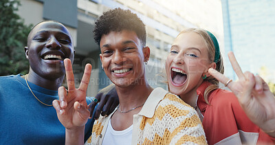 Buy stock photo Peace sign, portrait and student friends in city together for education, learning or scholarship. College, emoji or university with happy men and woman outdoor on campus for development or growth