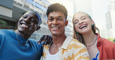 Buy stock photo Buildings, selfie and student friends in city together for education, learning or scholarship. Campus, college or university with smile of men and woman outdoor for social medIa or profile picture