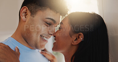 Buy stock photo Love, romance and smile with couple in home together for morning affection, bonding or wake up. Safety, security or trust with happy man and woman in apartment for commitment, marriage or weekend