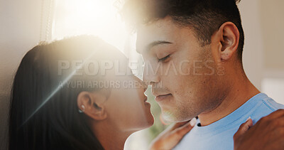 Buy stock photo Love, romance and security with couple in home together for morning affection, bonding or wake up. Safety, trust or weekend with man and woman in apartment for commitment, marriage or relationship