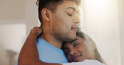 Buy stock photo Hug, love and romance with couple in home together for morning affection, bonding or wake up. Safety, trust or weekend with man and woman embracing in apartment for commitment, marriage or security