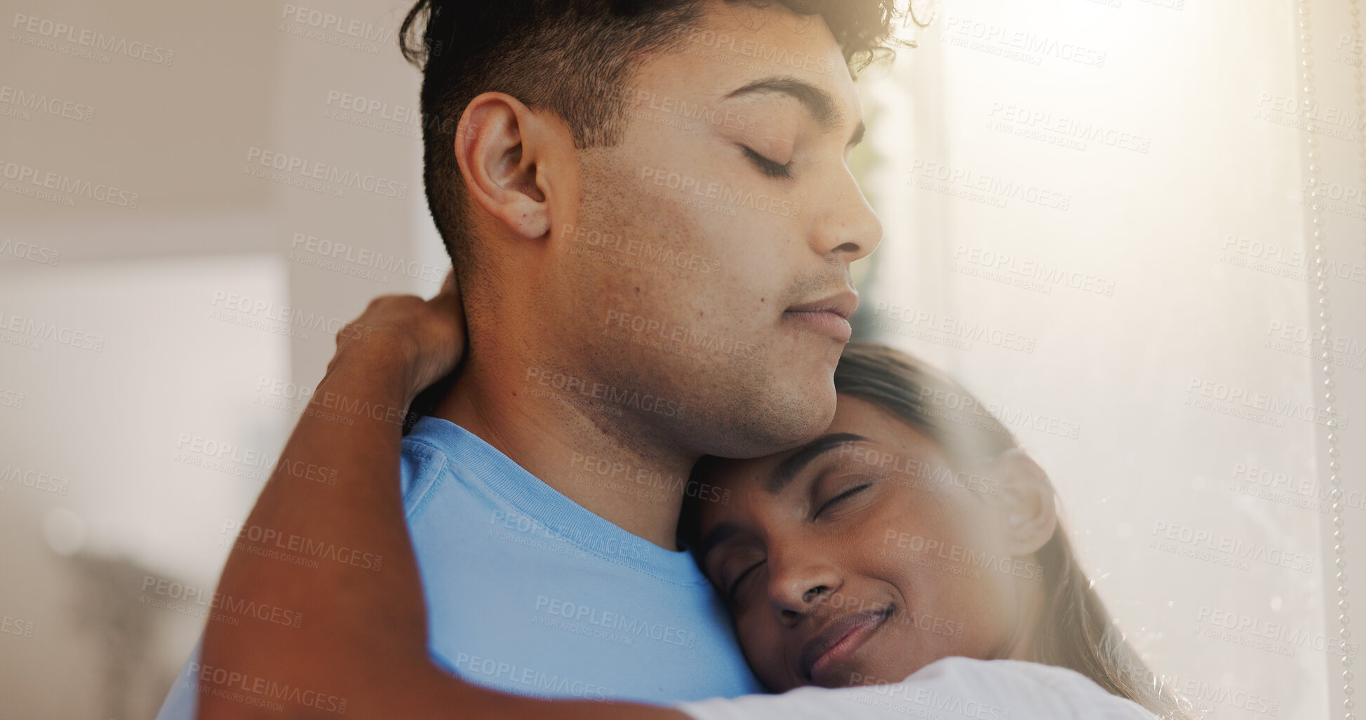 Buy stock photo Hug, love and romance with couple in home together for morning affection, bonding or wake up. Safety, trust or weekend with man and woman embracing in apartment for commitment, marriage or security