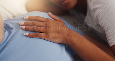 Buy stock photo Hands, touch and couple nap on bed for intimacy, partner affection and connection in morning. Closeup, people and sleeping with embrace for care, romance and bonding for marriage commitment at house