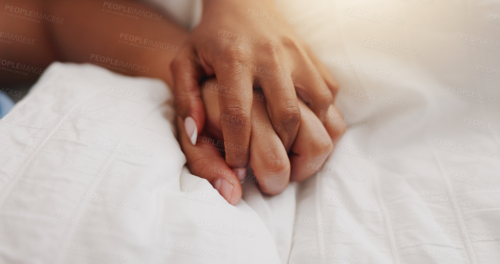 Buy stock photo Holding hands, love and couple closeup on bed for intimacy, partner affection and connection. Nap, people and sleeping with cuddle for comfort, romance and bonding for marriage commitment at house