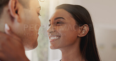 Buy stock photo Love, safety and smile with couple in home together for morning affection, bonding or wake up. Happy, security or trust with man and woman in apartment for commitment, marriage or relationship