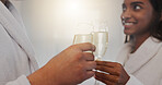 Couple, champagne and toast with hands for anniversary, honeymoon or holiday accommodation. Love, bonding and commitment with drinks for cheers, happy people and celebrate on vacation at hotel