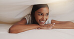Sheet, laugh and woman in bed with smile, happiness or thinking of funny memory with thoughts. Under blanket, cover or person in bedroom with comfort for dream, relax or morning rest on break in home