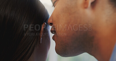 Buy stock photo Closeup, ear or couple whisper with secret for confidential information, gossip news or listening to story. People, private communication and share announcement with discussion, talking or hear rumor