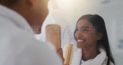 Buy stock photo Singing, funny and couple in bathroom, smile and bonding together with happiness, care and marriage. Home, people and man with woman, morning or love with relationship, energy or romance with karaoke