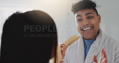 Buy stock photo Singing, love and couple in bathroom, smile and bonding together with happiness, care and silly. Home, people and man with woman, morning and funny with relationship, energy and romance with marriage